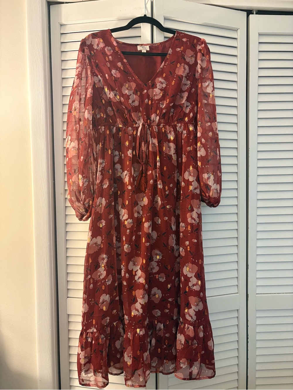 Deep Red Floral V-Neck Long Sleeve Midi Dress